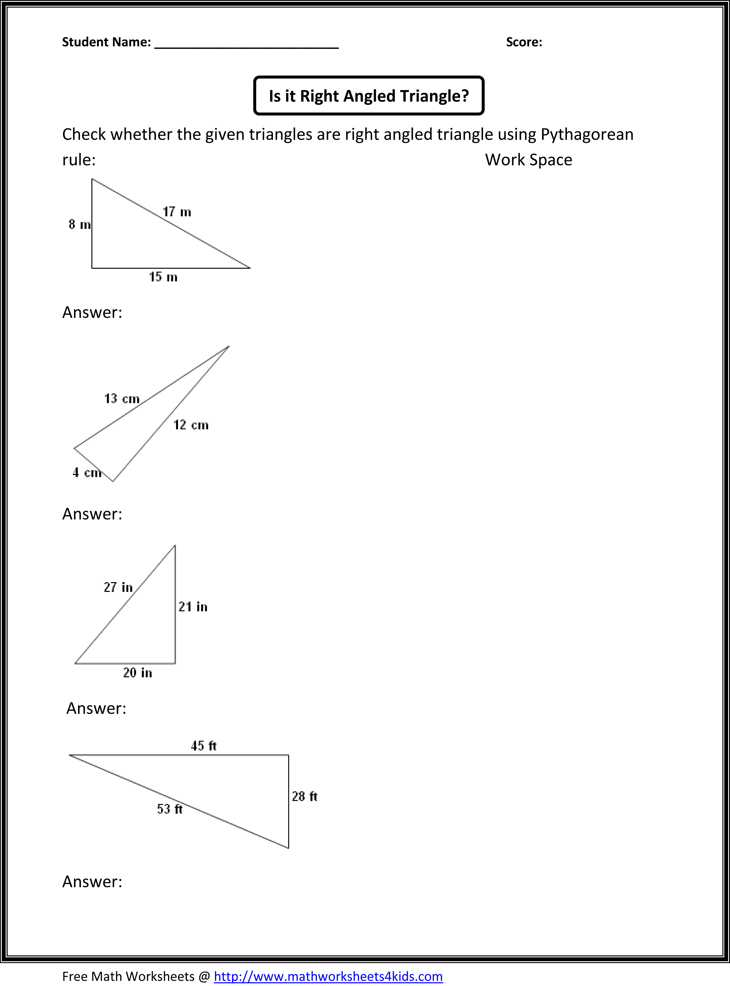 Pythagoras Theorem Worksheets Year 7