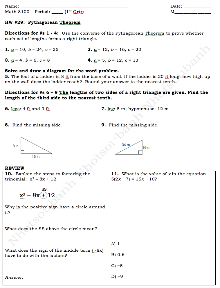 Pythagoras Theorem Worksheets Year 9