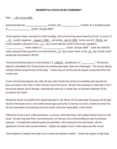Room Lease Agreement Template