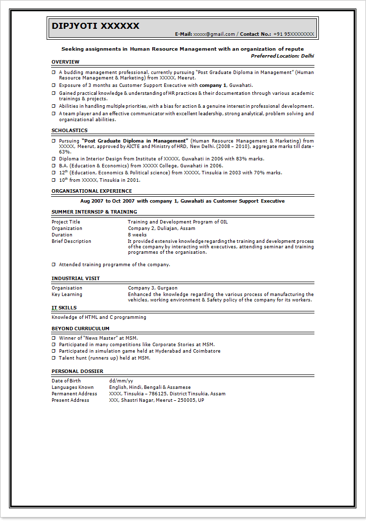 Sample Resumes For Freshers